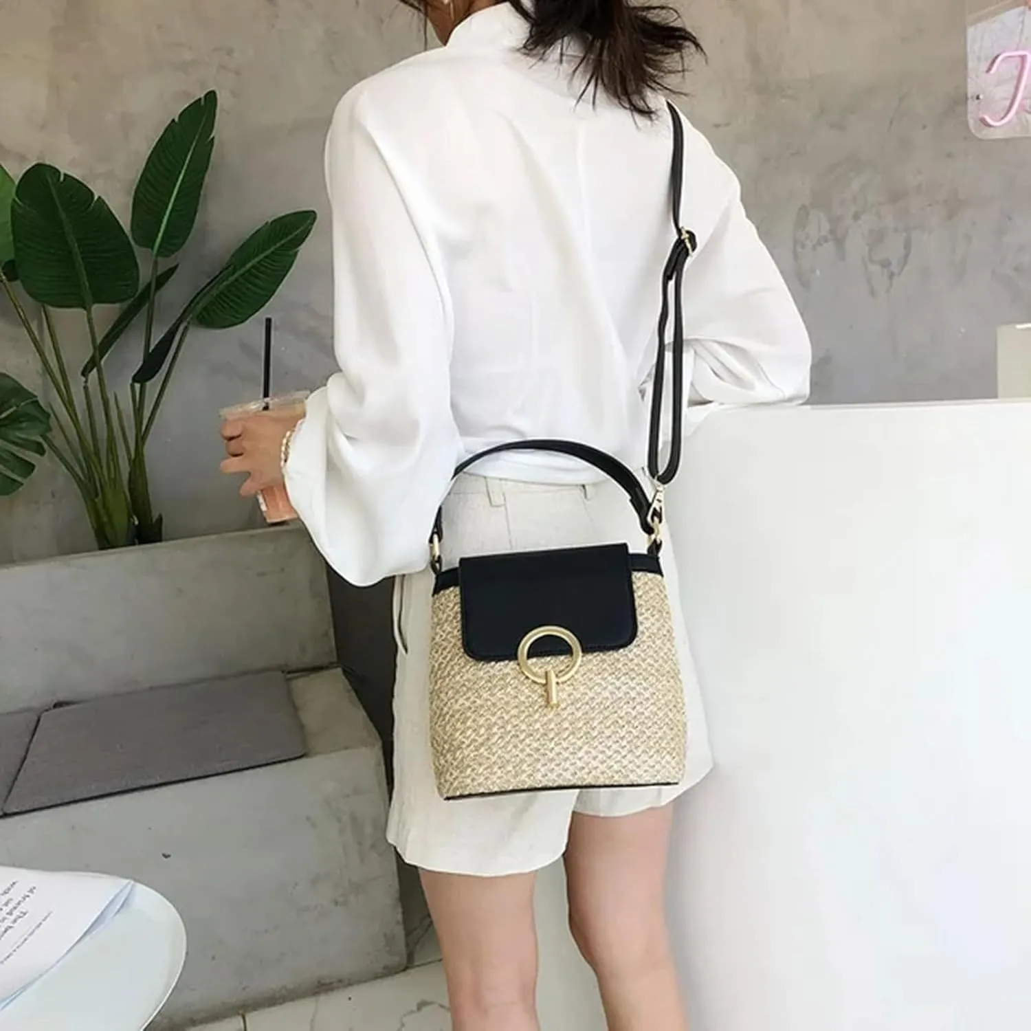 Straw Weave Women Ladies Bucket Handbags Summer Beach Shoulder Bags Mini Messenger Bag (A, One Size)
