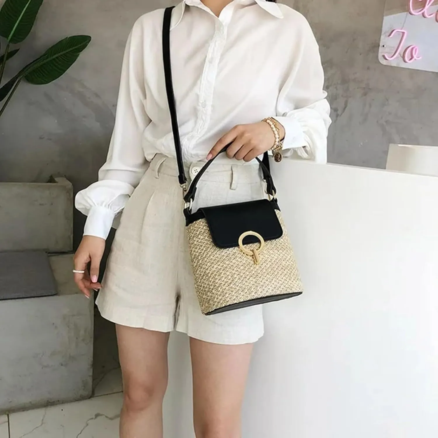 Straw Weave Women Ladies Bucket Handbags Summer Beach Shoulder Bags Mini Messenger Bag (A, One Size)