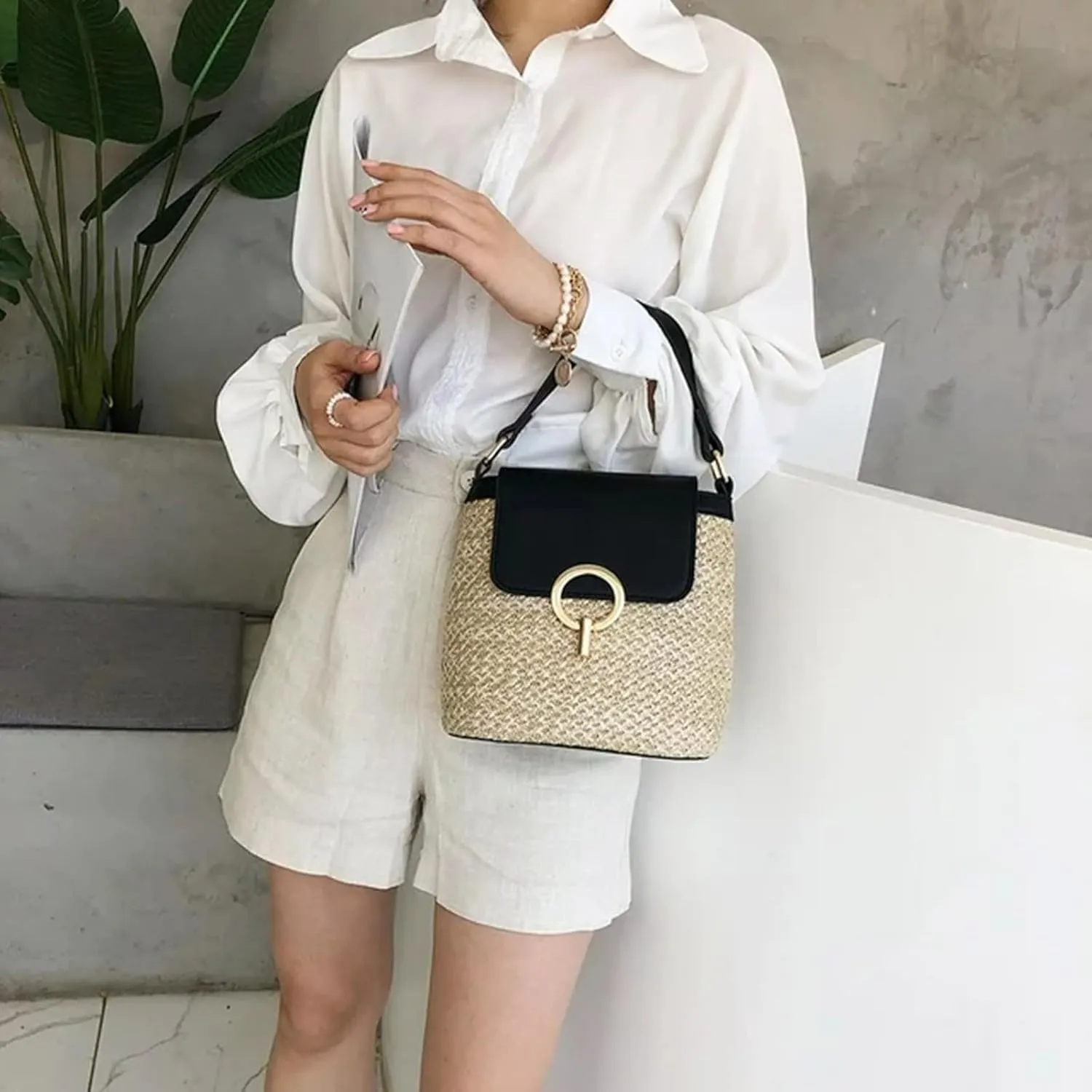 Straw Weave Women Ladies Bucket Handbags Summer Beach Shoulder Bags Mini Messenger Bag (A, One Size)