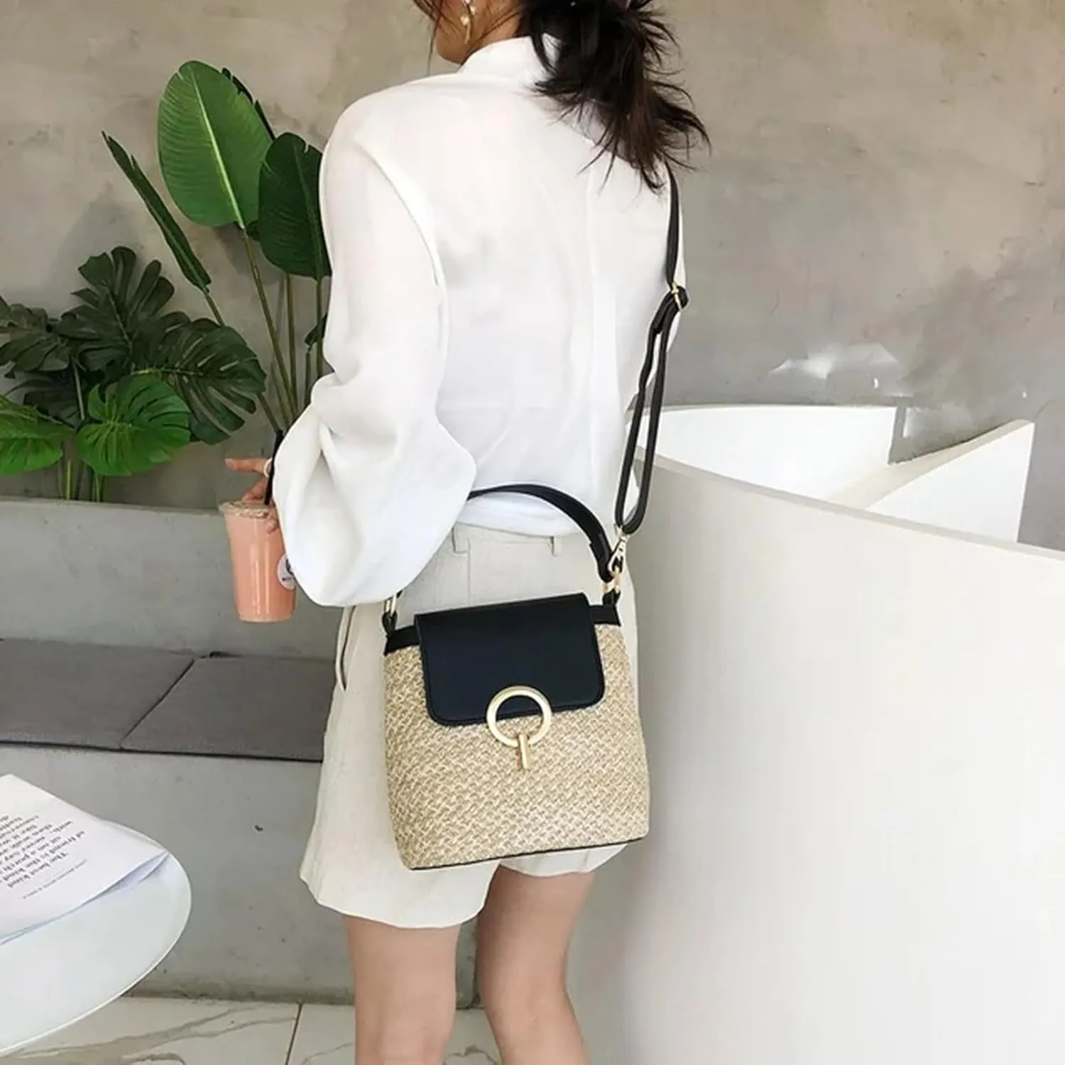 Straw Weave Women Ladies Bucket Handbags Summer Beach Shoulder Bags Mini Messenger Bag (A, One Size)