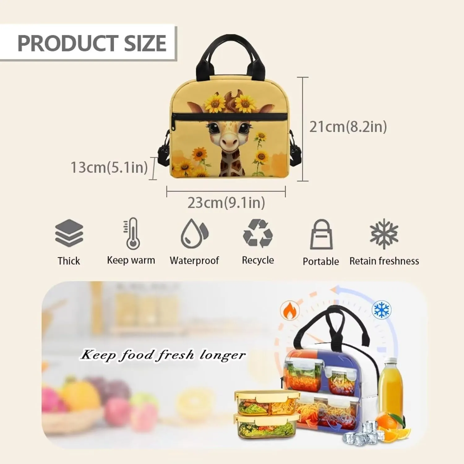 Sunflower Giraffe Lunch Bag for Girls 6-8 8-10 10-12 Insulated Lunch Bags Kids Reusable Lunch Box Meal Prep Organzier Crossbody Lunch Tote Bag Travel Camping Outing Picnic Meal Bento Bag