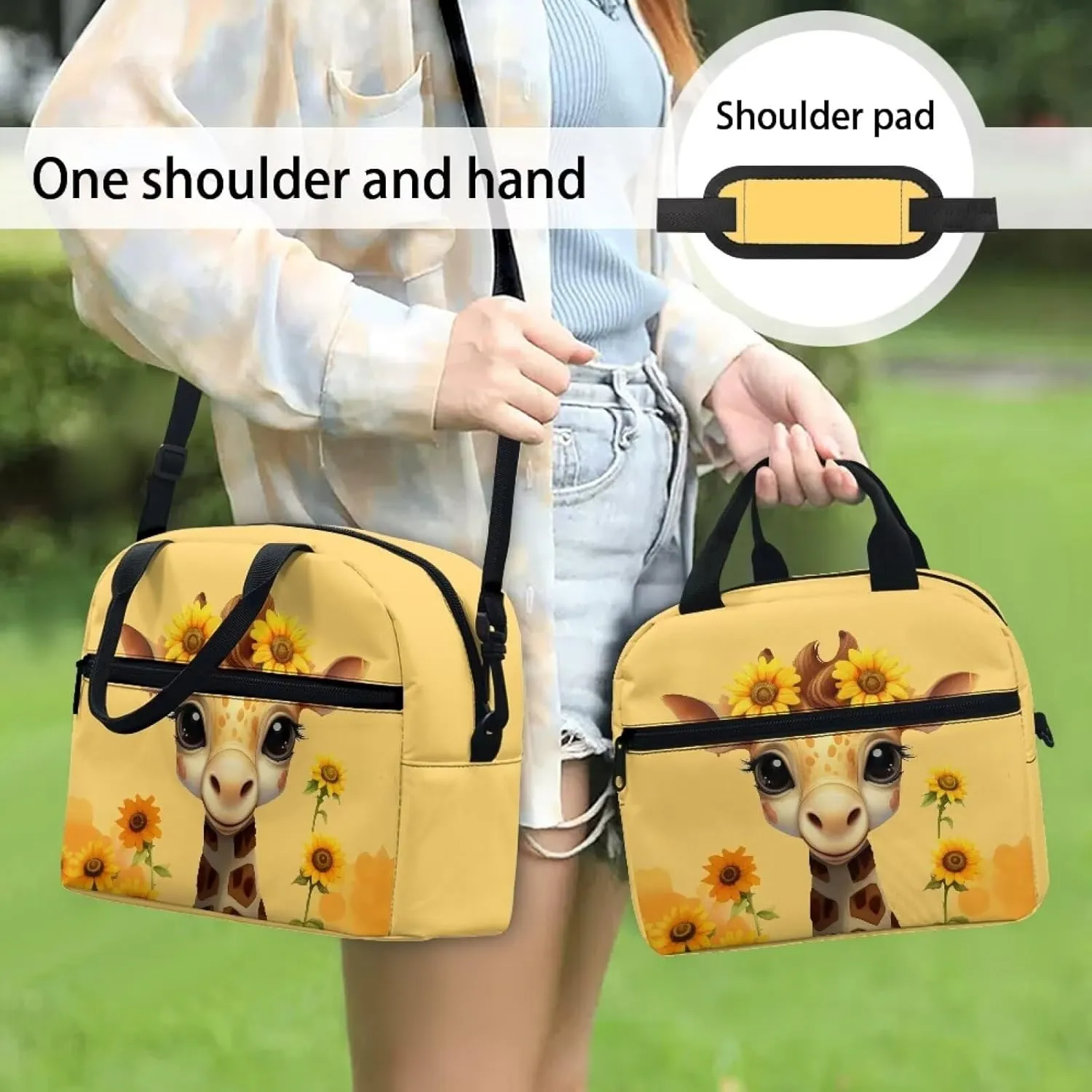 Sunflower Giraffe Lunch Bag for Girls 6-8 8-10 10-12 Insulated Lunch Bags Kids Reusable Lunch Box Meal Prep Organzier Crossbody Lunch Tote Bag Travel Camping Outing Picnic Meal Bento Bag