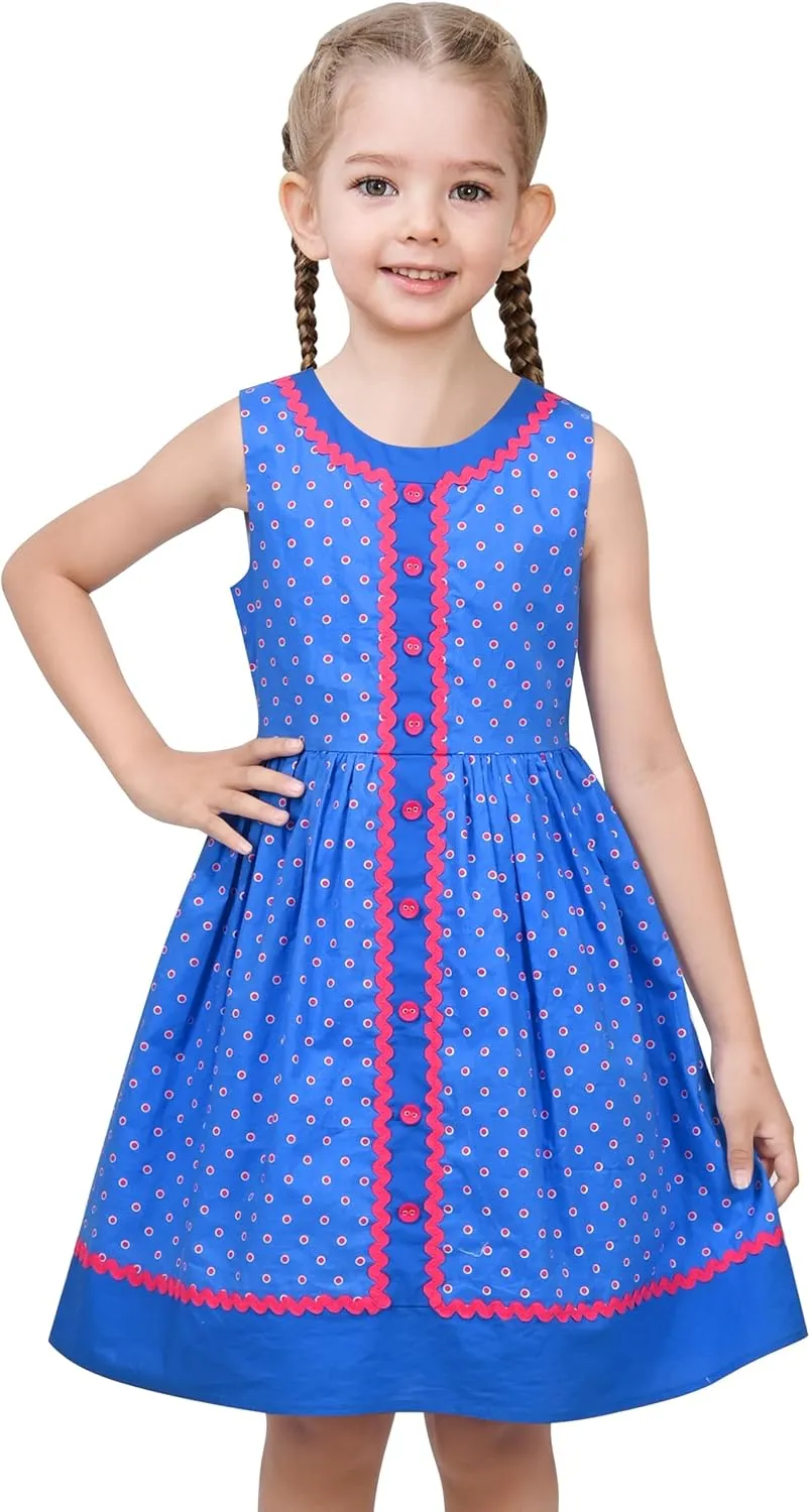 Sunny Fashion Girls Dress Blue Polka Dot Pocket Pleated Summer Sleeveless Cotton