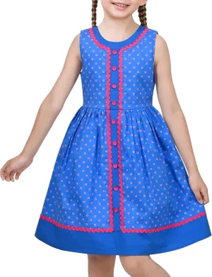 Sunny Fashion Girls Dress Blue Polka Dot Pocket Pleated Summer Sleeveless Cotton