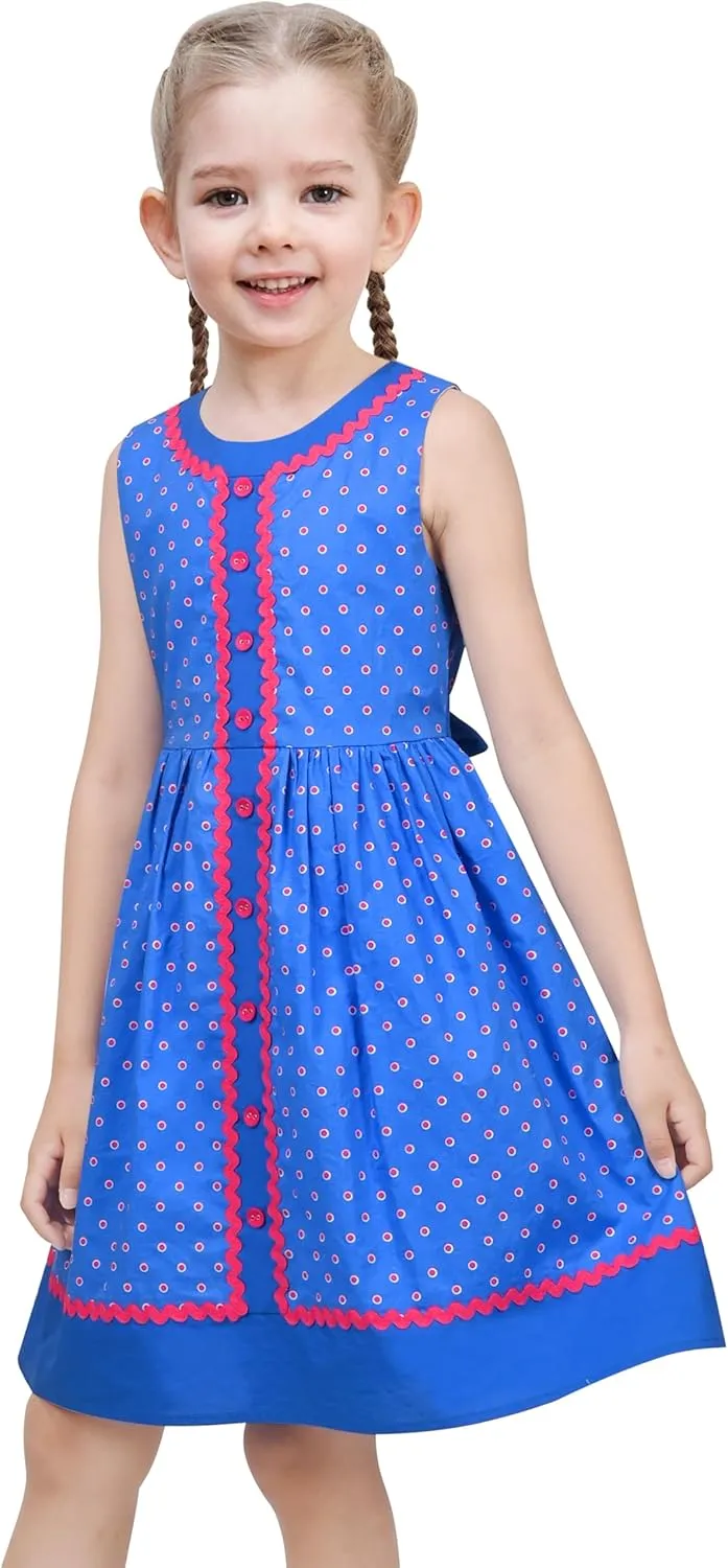 Sunny Fashion Girls Dress Blue Polka Dot Pocket Pleated Summer Sleeveless Cotton