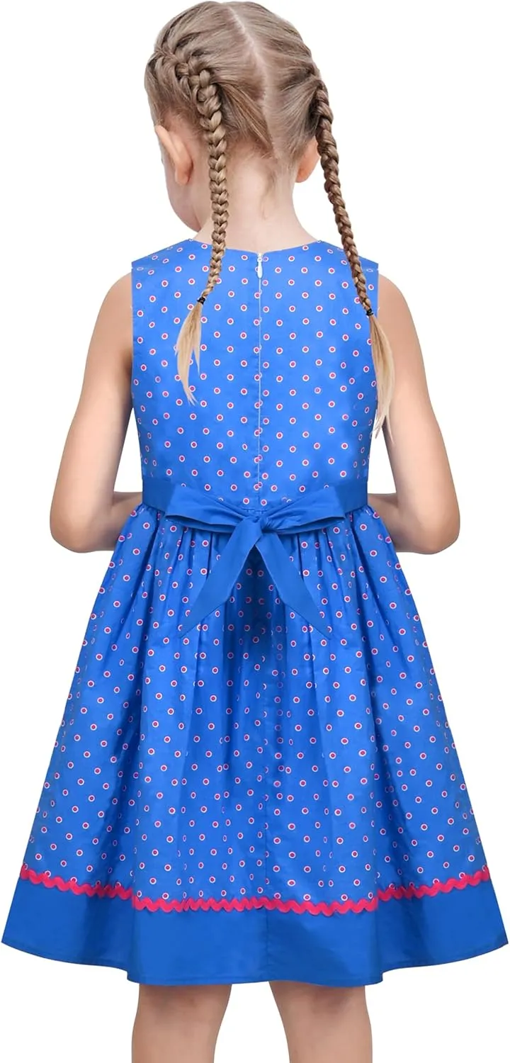 Sunny Fashion Girls Dress Blue Polka Dot Pocket Pleated Summer Sleeveless Cotton