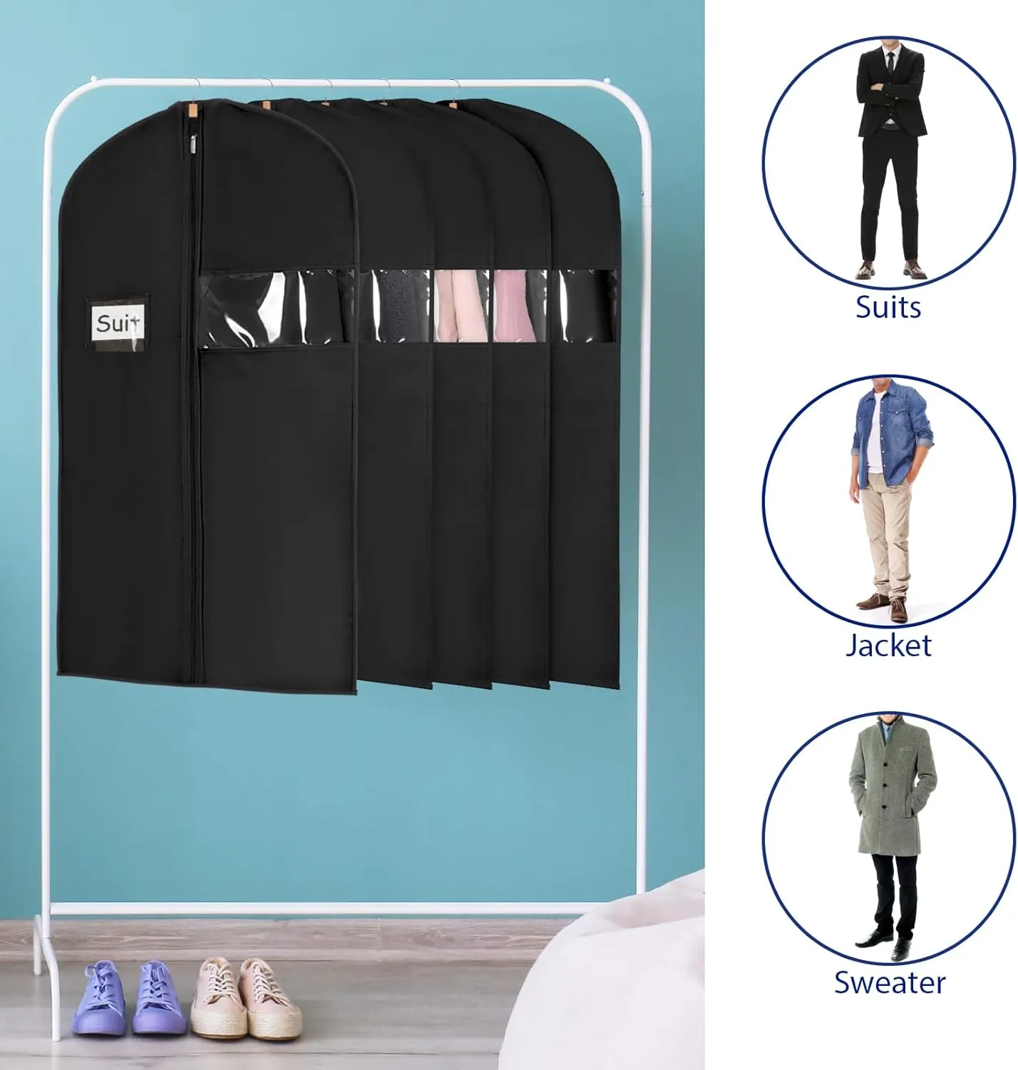 Syeeiex 40" Suit Bag, Set of 8 Garment Bags for Hanging Clothes, Suit Bags for Closet Storage, Suit Cover Bags for Suits, T-shirts, Jackets, Coats, Business Wear (Black)