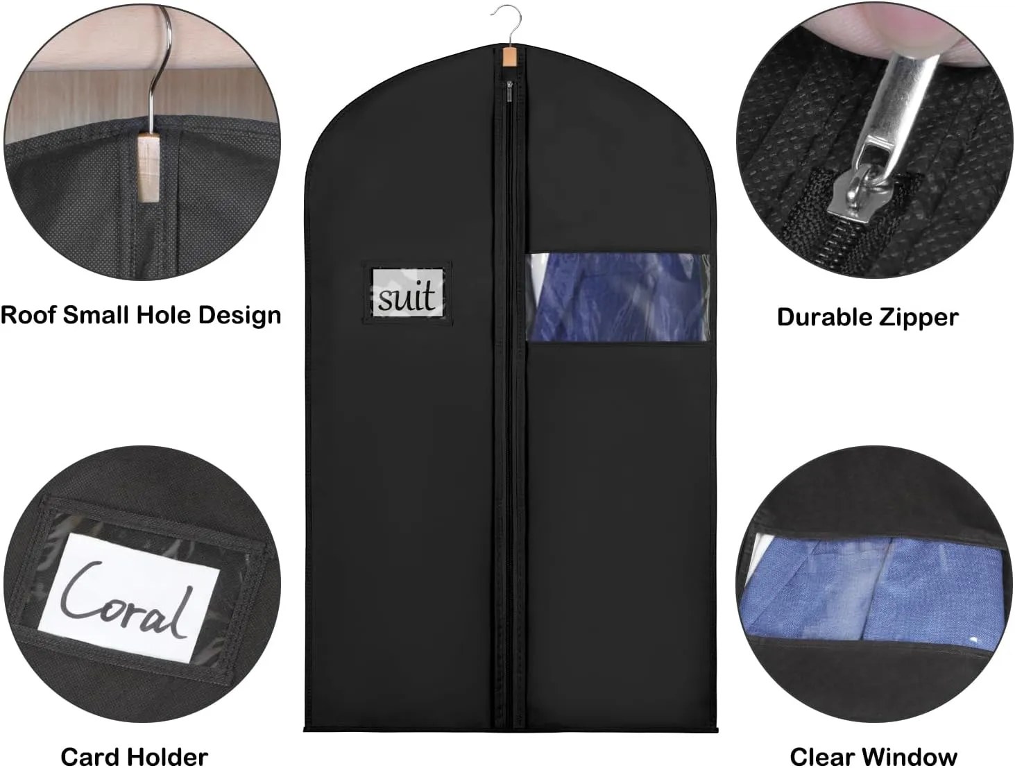 Syeeiex 40" Suit Bag, Set of 8 Garment Bags for Hanging Clothes, Suit Bags for Closet Storage, Suit Cover Bags for Suits, T-shirts, Jackets, Coats, Business Wear (Black)
