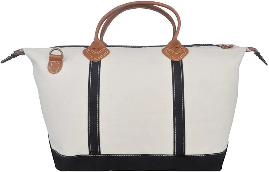 Tag&Crew Weekender Signature Duffle 20 Oz. Heavy Canvas Leather Handle Bag with Detachable Shoulder Strap Ideal for Overnight Travel Business Trip Vacations - Large, Black