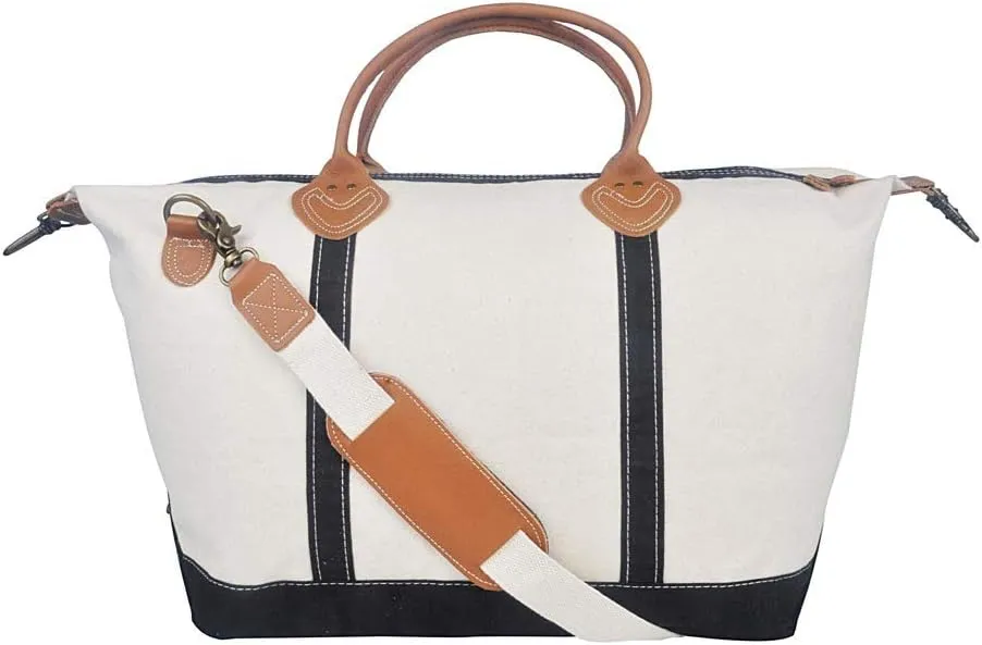 Tag&Crew Weekender Signature Duffle 20 Oz. Heavy Canvas Leather Handle Bag with Detachable Shoulder Strap Ideal for Overnight Travel Business Trip Vacations - Large, Black