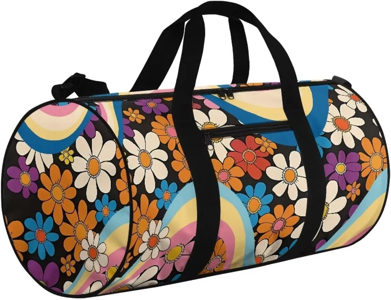 Talayituse 80s Daisy Print Duffel Bag for Women Groovy Hippie Design Zipper Garment Duffel Bag Sturdy Gym Bag Zipper Fitness Tote Workout Duffel Bag Crossbody Sports Duffel for Basketball Soccer