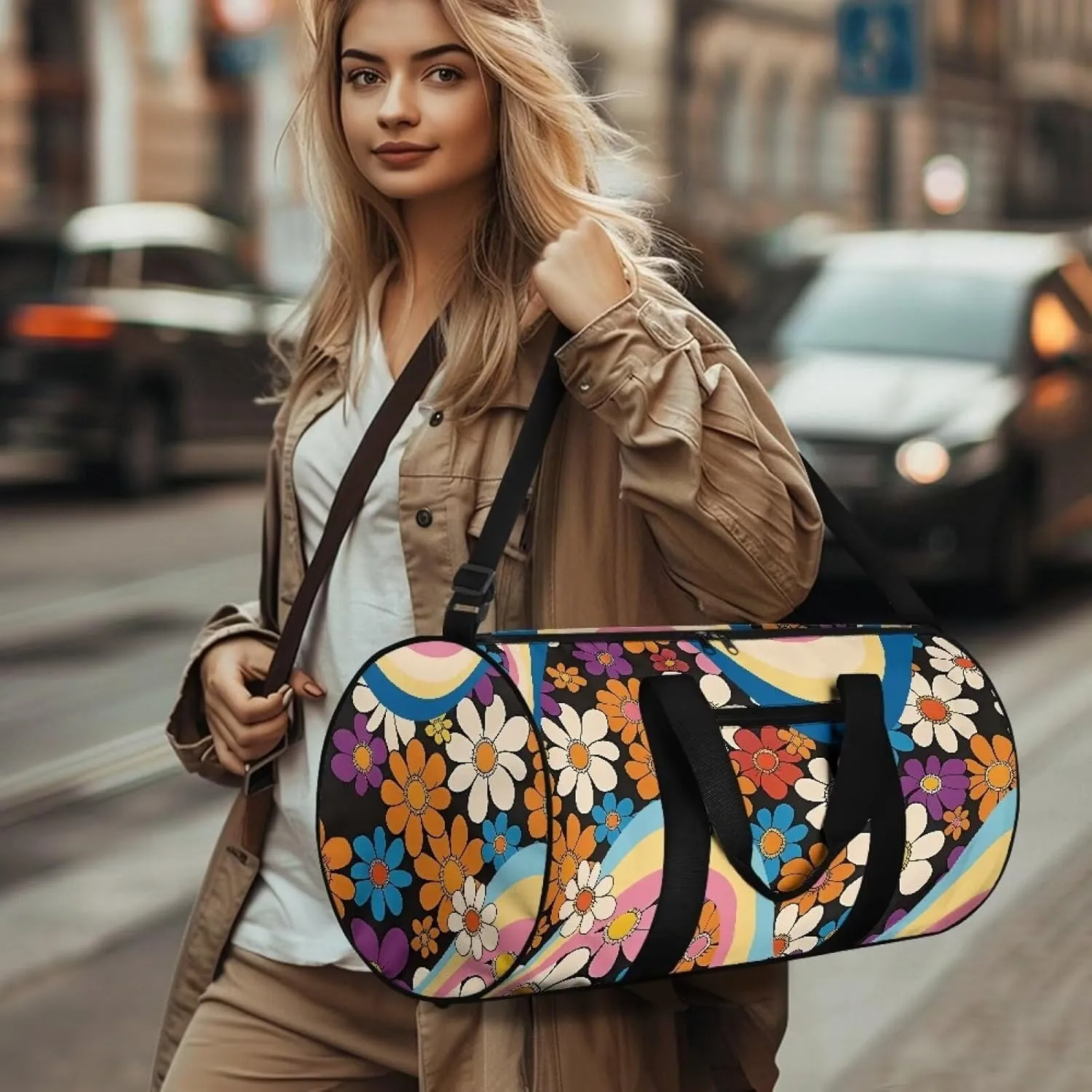 Talayituse 80s Daisy Print Duffel Bag for Women Groovy Hippie Design Zipper Garment Duffel Bag Sturdy Gym Bag Zipper Fitness Tote Workout Duffel Bag Crossbody Sports Duffel for Basketball Soccer