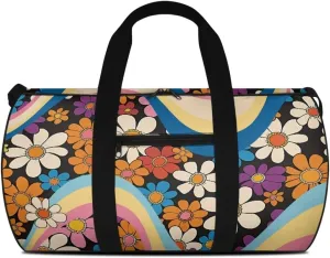 Talayituse 80s Daisy Print Duffel Bag for Women Groovy Hippie Design Zipper Garment Duffel Bag Sturdy Gym Bag Zipper Fitness Tote Workout Duffel Bag Crossbody Sports Duffel for Basketball Soccer
