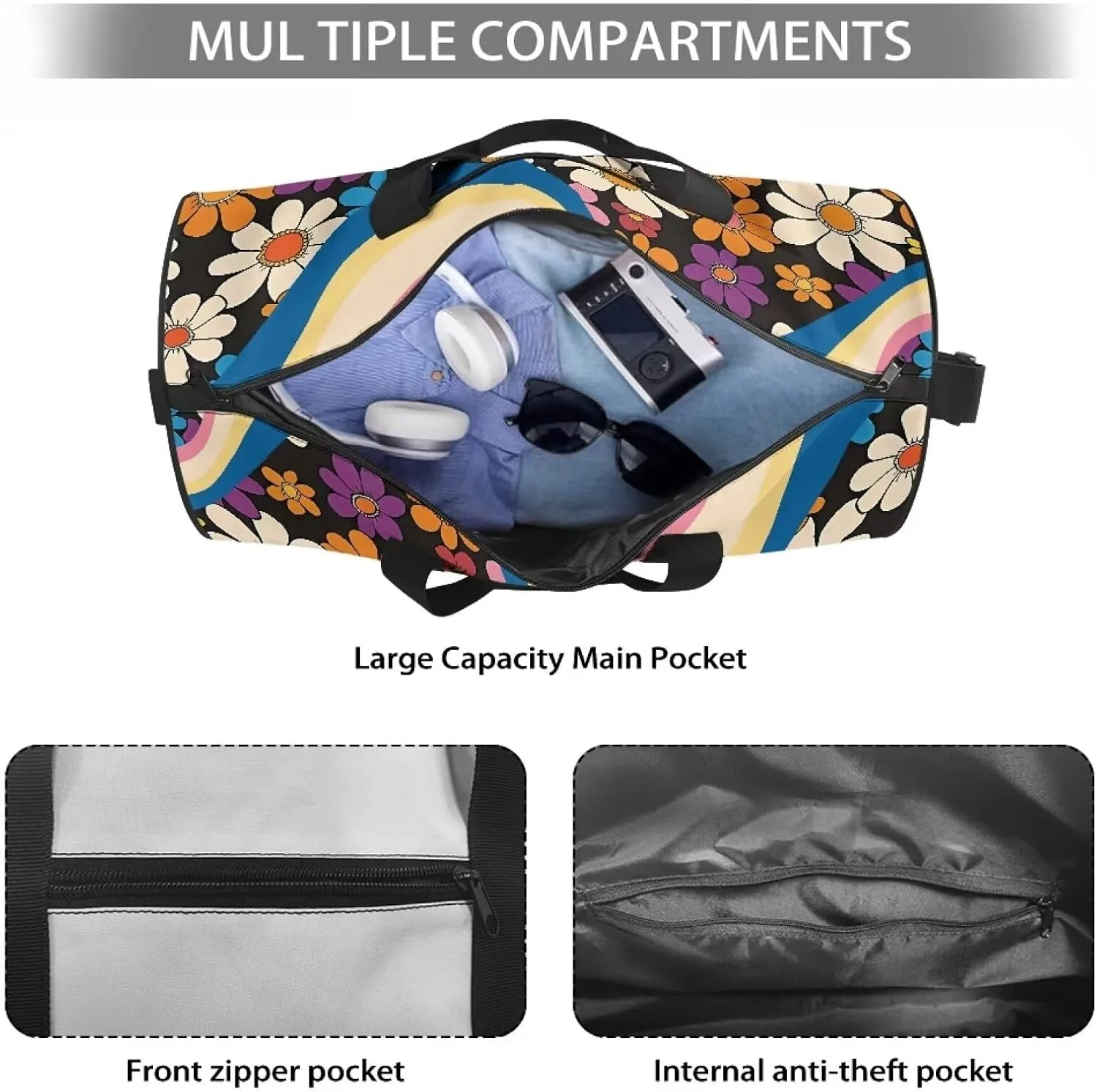 Talayituse 80s Daisy Print Duffel Bag for Women Groovy Hippie Design Zipper Garment Duffel Bag Sturdy Gym Bag Zipper Fitness Tote Workout Duffel Bag Crossbody Sports Duffel for Basketball Soccer