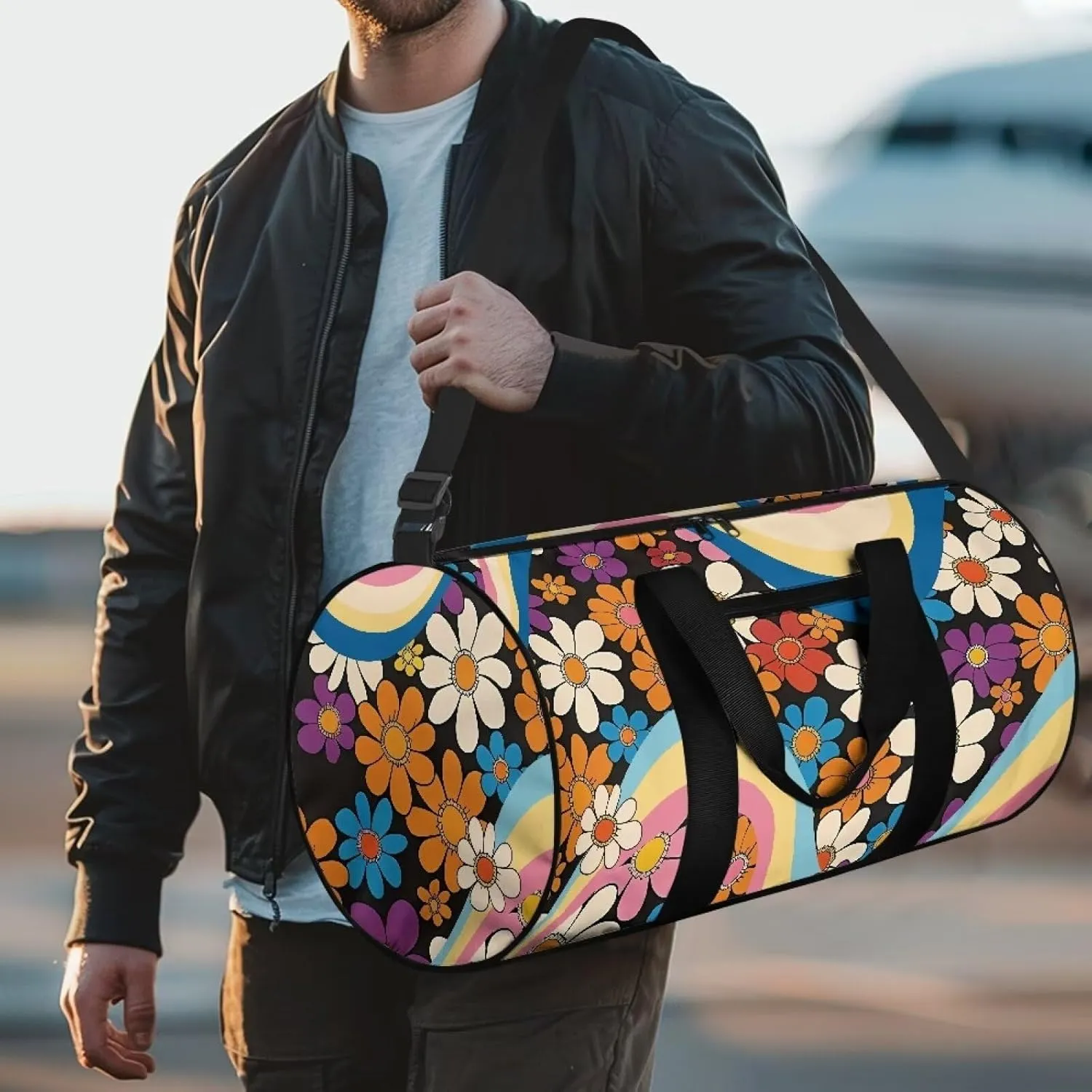 Talayituse 80s Daisy Print Duffel Bag for Women Groovy Hippie Design Zipper Garment Duffel Bag Sturdy Gym Bag Zipper Fitness Tote Workout Duffel Bag Crossbody Sports Duffel for Basketball Soccer