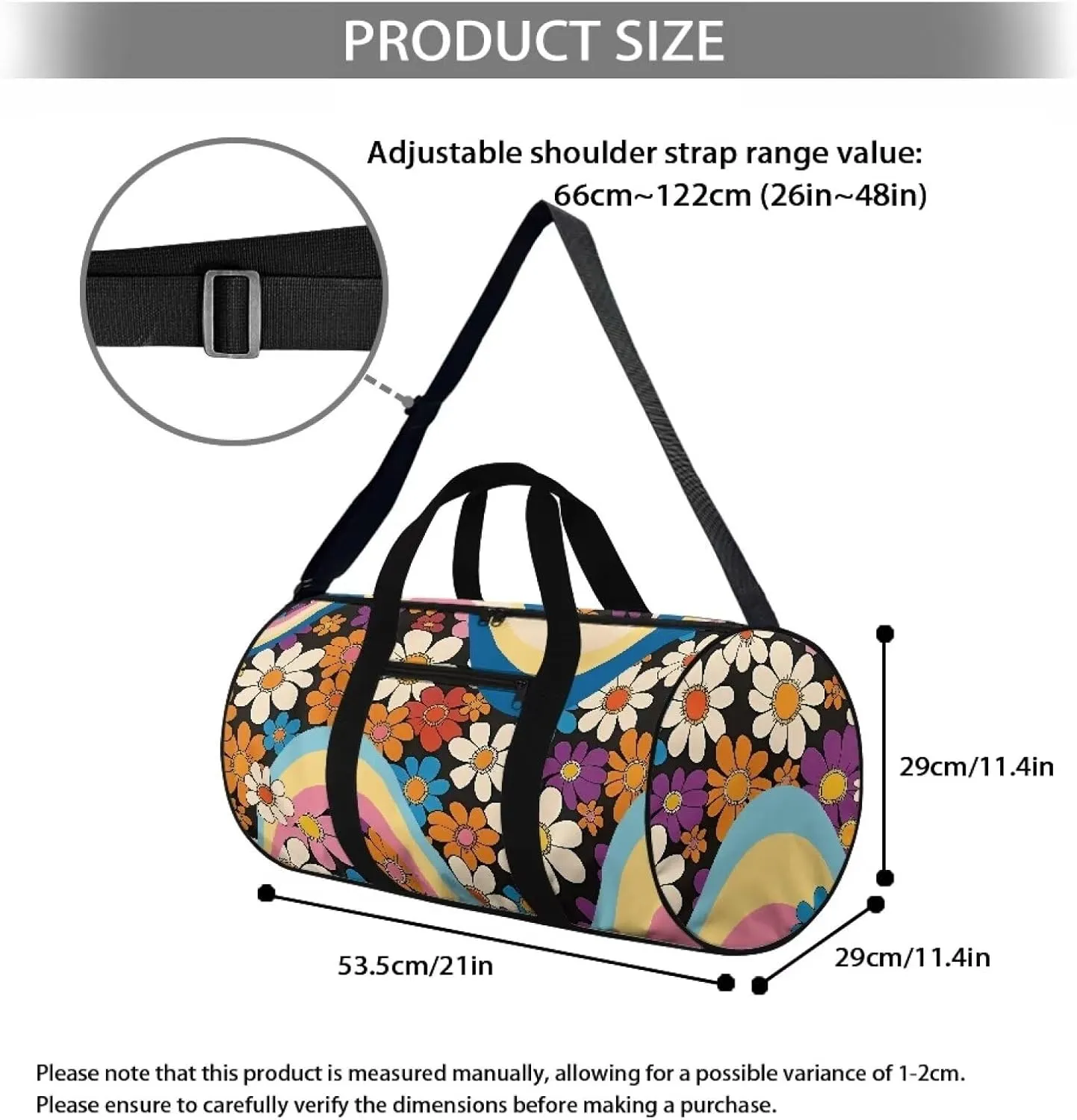 Talayituse 80s Daisy Print Duffel Bag for Women Groovy Hippie Design Zipper Garment Duffel Bag Sturdy Gym Bag Zipper Fitness Tote Workout Duffel Bag Crossbody Sports Duffel for Basketball Soccer