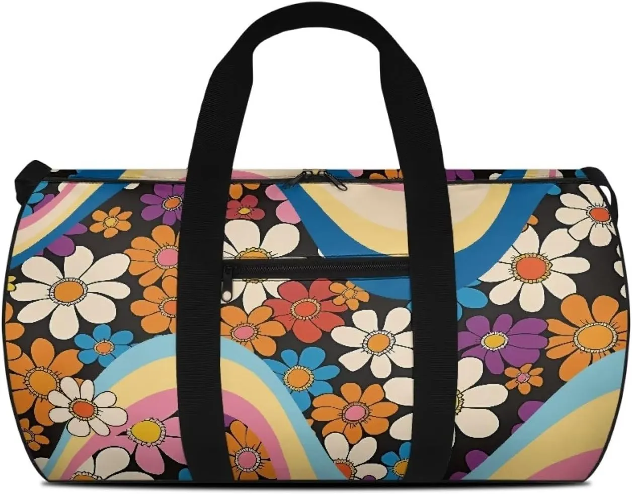 Talayituse 80s Daisy Print Duffel Bag for Women Groovy Hippie Design Zipper Garment Duffel Bag Sturdy Gym Bag Zipper Fitness Tote Workout Duffel Bag Crossbody Sports Duffel for Basketball Soccer