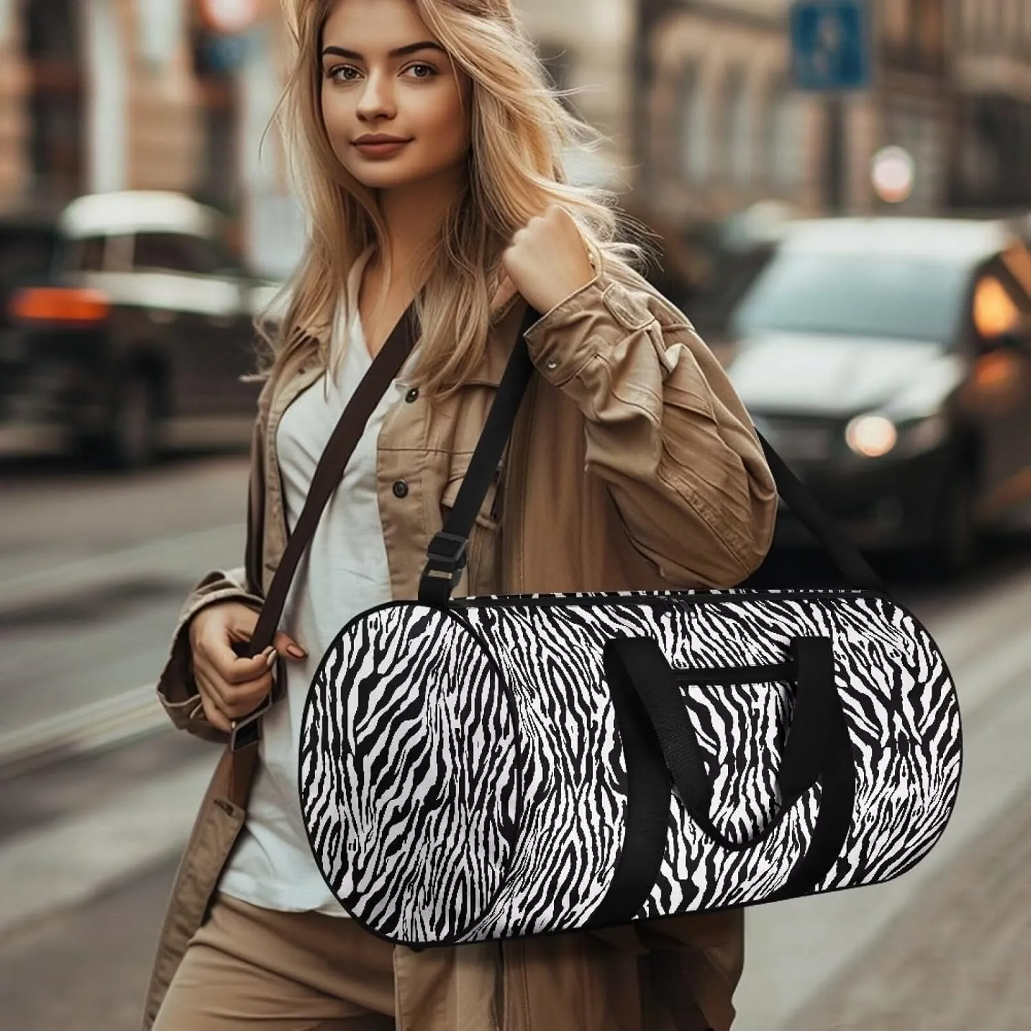 Talayituse Zebra Stripe Print Duffel Bag for Men Women Garment Duffel Bag Zipper Sports Duffel Bag with Shoulder Strap Carry On Workout Bag Swim Bag Crossbody Bag for Beach Pool Plane