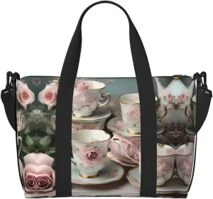 Tea Cups with Roses Romantic print Travel Duffle Bag,Weekender Bags,Gym Duffel Bag,Luggage Duffle Overnight for Women Men