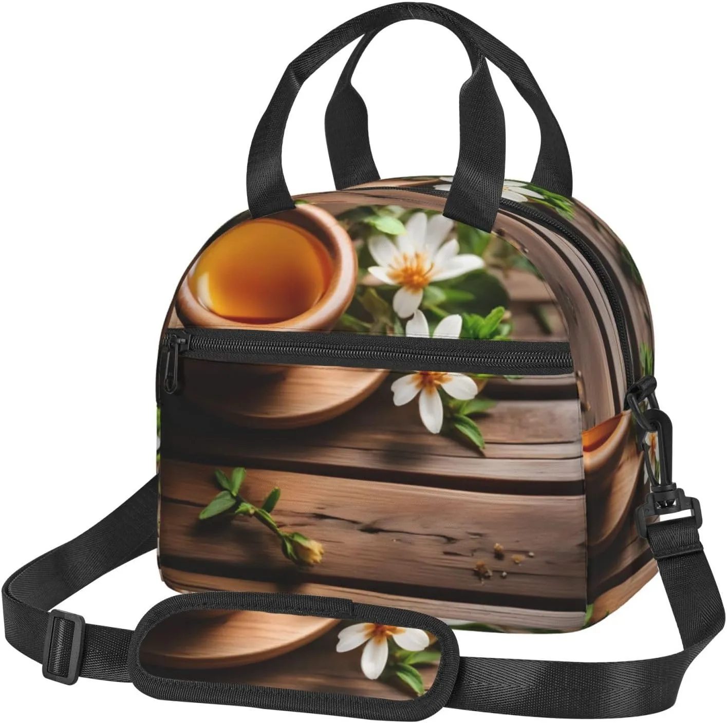 Teal Flower On Wooden Plank Insulated Lunch Tote Bag Lunch Box For Women Men, Reusable Good For Daily Work Outings