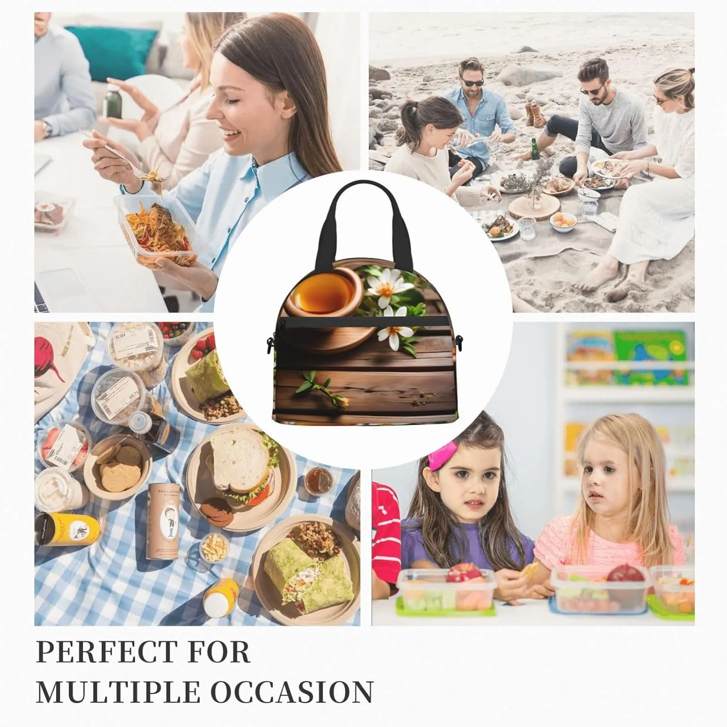 Teal Flower On Wooden Plank Insulated Lunch Tote Bag Lunch Box For Women Men, Reusable Good For Daily Work Outings