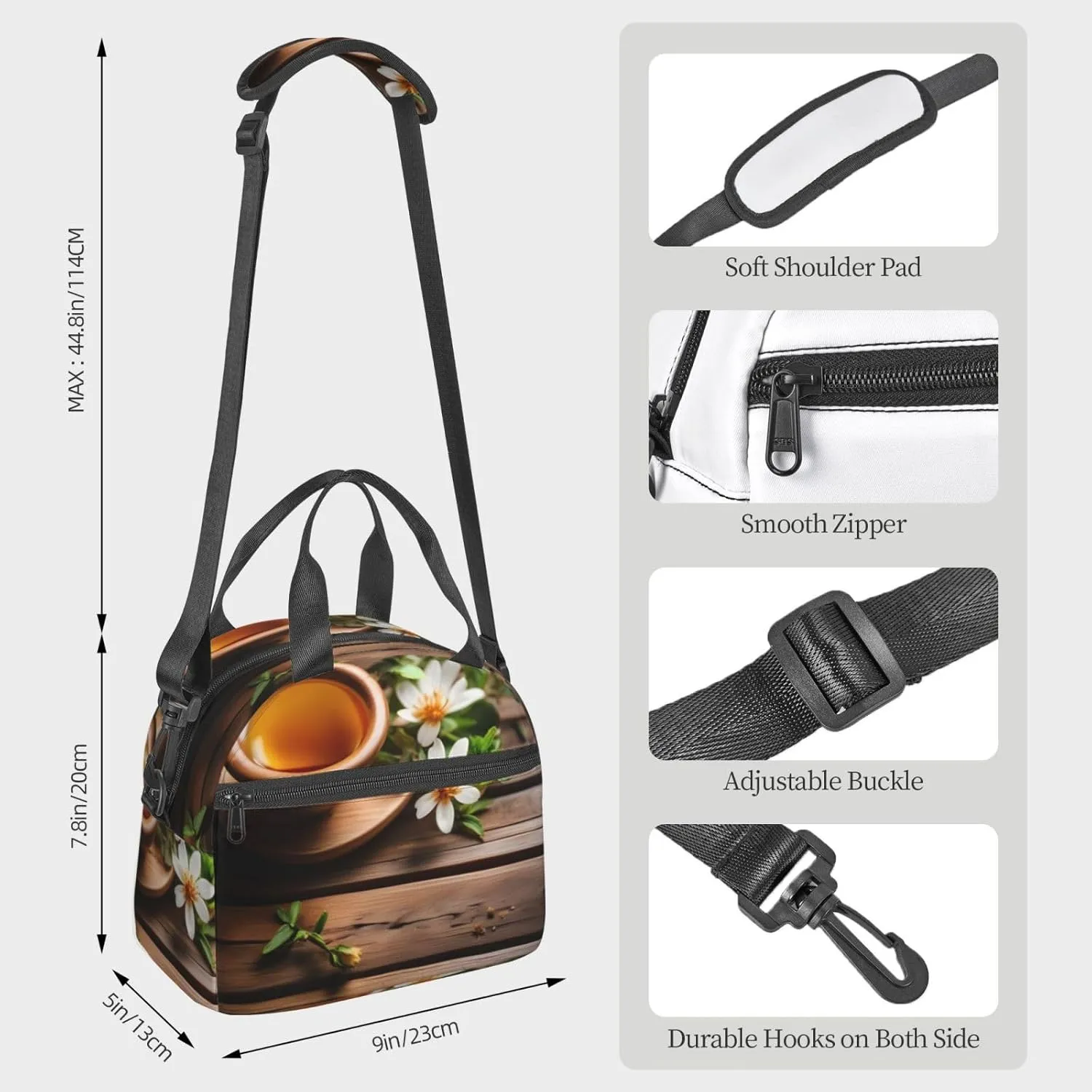 Teal Flower On Wooden Plank Insulated Lunch Tote Bag Lunch Box For Women Men, Reusable Good For Daily Work Outings