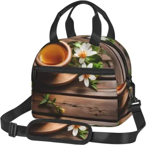 Teal Flower On Wooden Plank Insulated Lunch Tote Bag Lunch Box For Women Men, Reusable Good For Daily Work Outings
