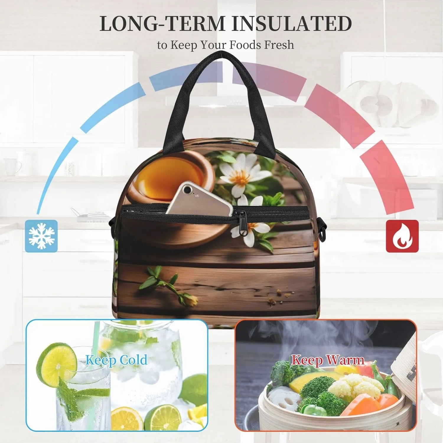 Teal Flower On Wooden Plank Insulated Lunch Tote Bag Lunch Box For Women Men, Reusable Good For Daily Work Outings