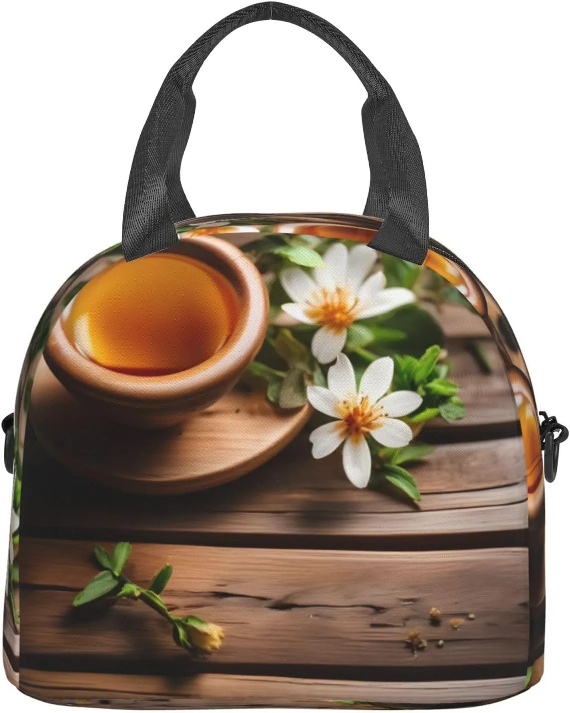Teal Flower On Wooden Plank Insulated Lunch Tote Bag Lunch Box For Women Men, Reusable Good For Daily Work Outings
