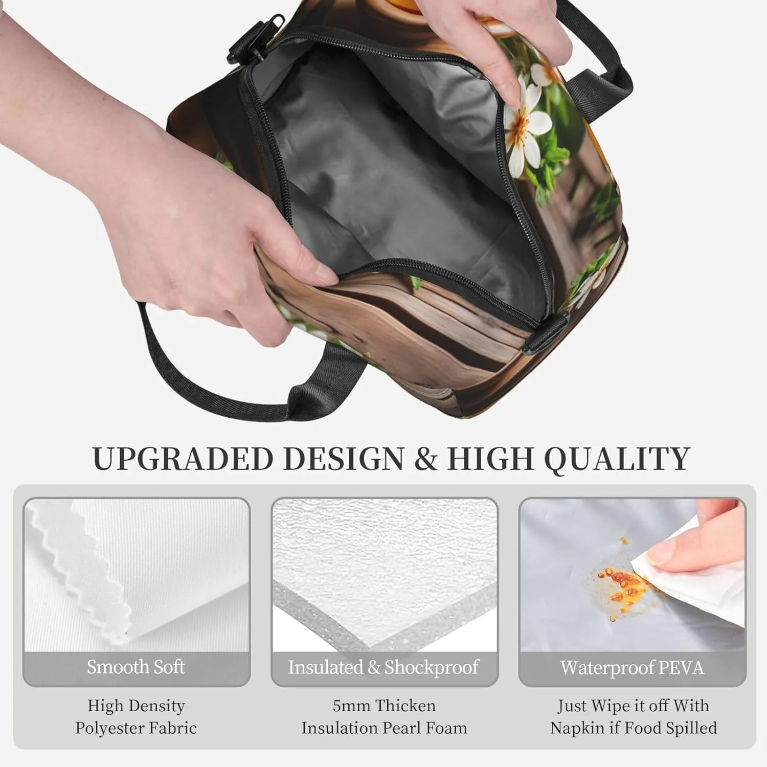 Teal Flower On Wooden Plank Insulated Lunch Tote Bag Lunch Box For Women Men, Reusable Good For Daily Work Outings