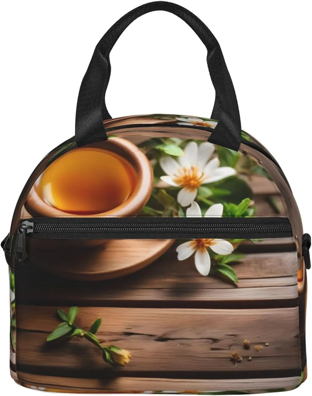 Teal Flower On Wooden Plank Insulated Lunch Tote Bag Lunch Box For Women Men, Reusable Good For Daily Work Outings