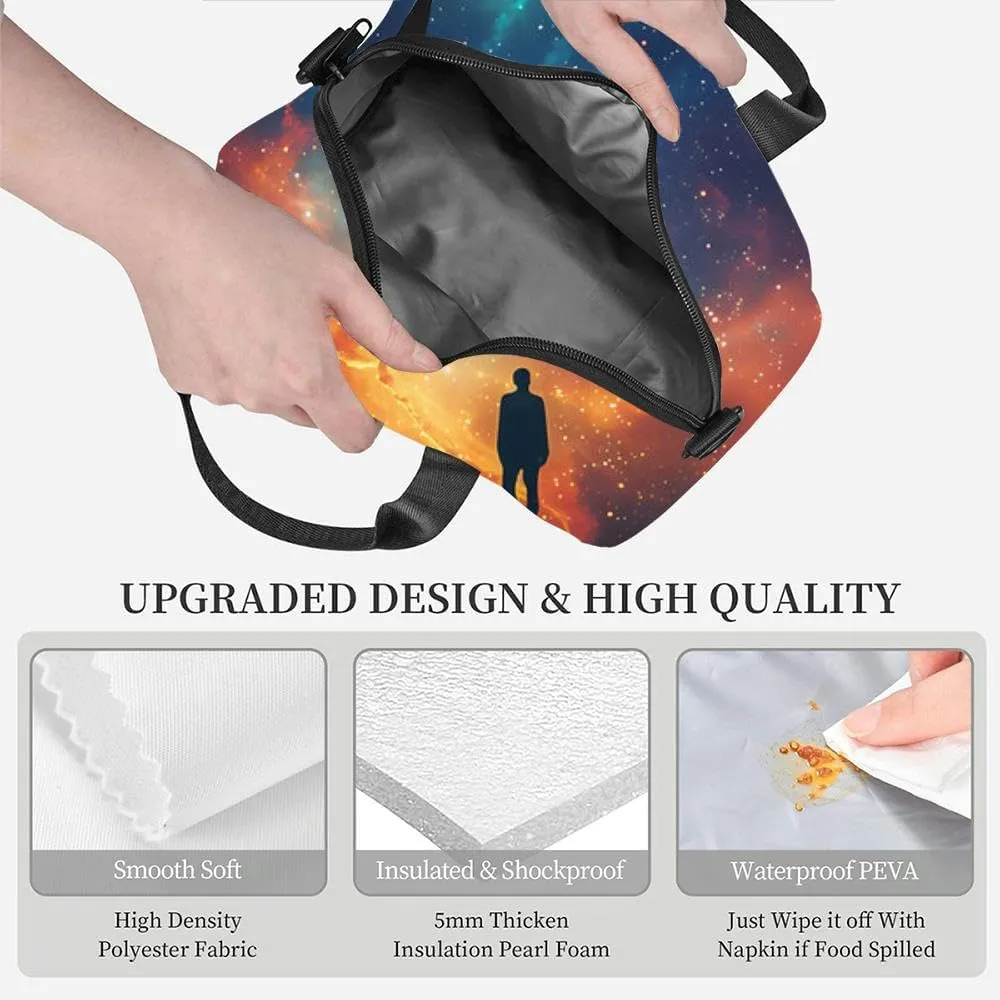 The is a beautiful depiction a man standing a cliff looking out at a Insulated Adult Lunch Bag with Shoulder Strap for Women Lightweight Reusable Portable Freezable Lunch Tote Bag for Work Picnic