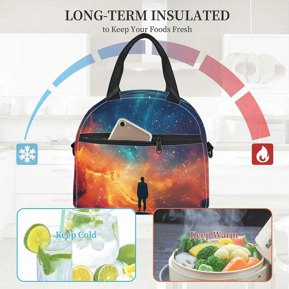 The is a beautiful depiction a man standing a cliff looking out at a Insulated Adult Lunch Bag with Shoulder Strap for Women Lightweight Reusable Portable Freezable Lunch Tote Bag for Work Picnic