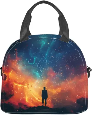The is a beautiful depiction a man standing a cliff looking out at a Insulated Adult Lunch Bag with Shoulder Strap for Women Lightweight Reusable Portable Freezable Lunch Tote Bag for Work Picnic