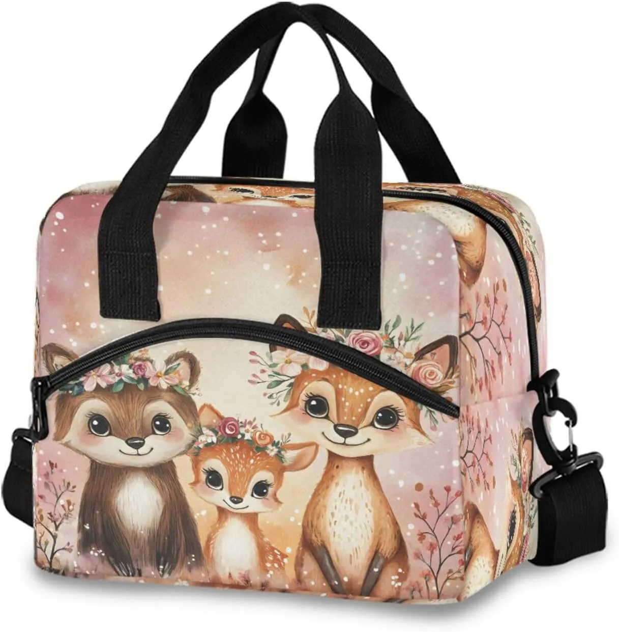Three Little Deer with Wreaths Lunch Box for Men Women Adults Insulated Lunch Bag Cooler Bag with Adjustable Shoulder Strap for Work Picnic Travel