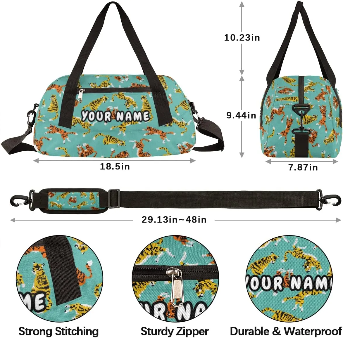 Tiger Personalized Kids Duffel Bag for Girls Boys, Tiger Customized Name Dance Bag Overnight Small Duffel Bag Carry On Weekend Sports Gym Travel Bag for School Practice Gymnastics Ballet
