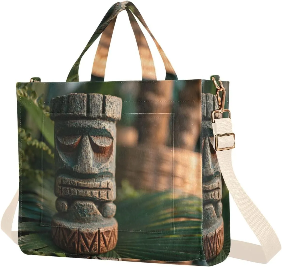 Tiki Statue Women's Tote Bag Corduroy Cloth Handbag Purse with Detachable Strap Small Size
