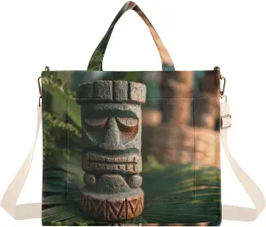 Tiki Statue Women's Tote Bag Corduroy Cloth Handbag Purse with Detachable Strap Small Size