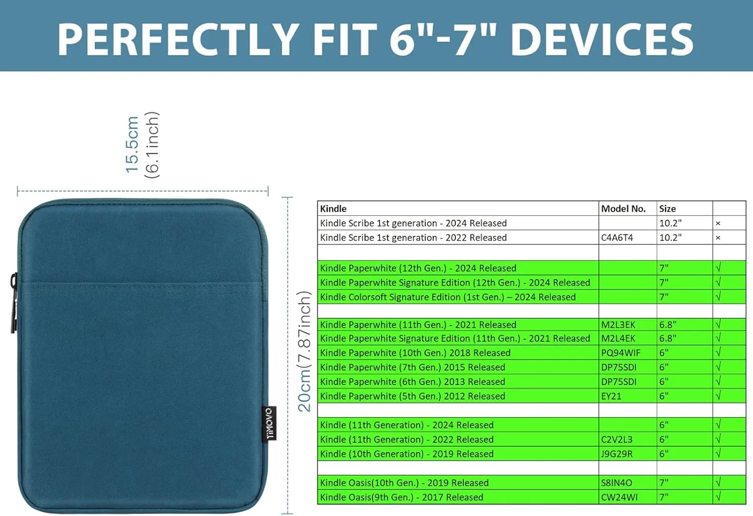TiMOVO 6-7 Inch Sleeve Case for All-New Kindle Paperwhite and Kindle Colorsoft Signature Edition, Protective Sleeve Cover Pouch Bag Carrying Case for Kindle E-Reader/Kindle Oasis, Peacock Blue