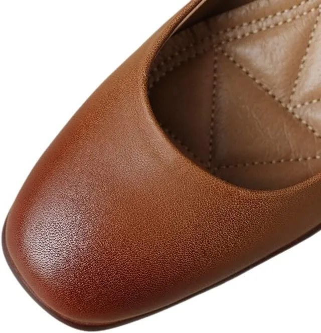 TinaCus Round Toe Genuine Leather Handmade Chunky Heels Slip On Women's Retro Pumps Shoes
