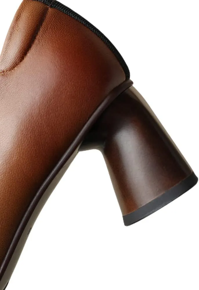 TinaCus Round Toe Genuine Leather Handmade Chunky Heels Slip On Women's Retro Pumps Shoes