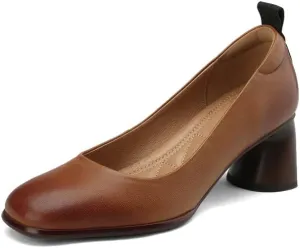 TinaCus Round Toe Genuine Leather Handmade Chunky Heels Slip On Women's Retro Pumps Shoes