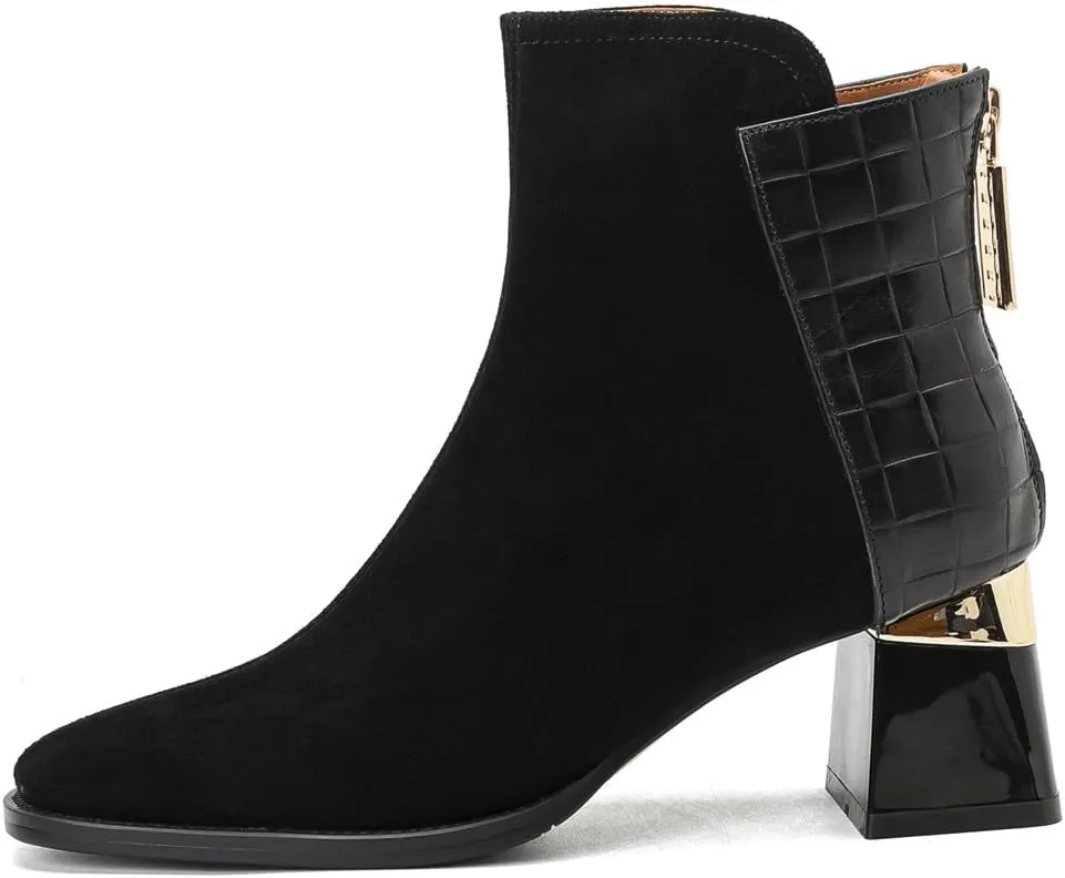 TinaCus Suede & Genuine Leather Women's Square Toe Handmade Zipper Mid Chunky Heels Vintage Ankle Boots