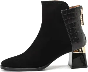 TinaCus Suede & Genuine Leather Women's Square Toe Handmade Zipper Mid Chunky Heels Vintage Ankle Boots