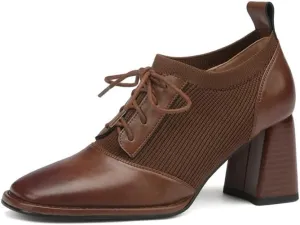 TinaCus Women's Round Toe Genuine Leather with Fabric Handmade Selftie Mid Chunky Heels Retro Oxfords