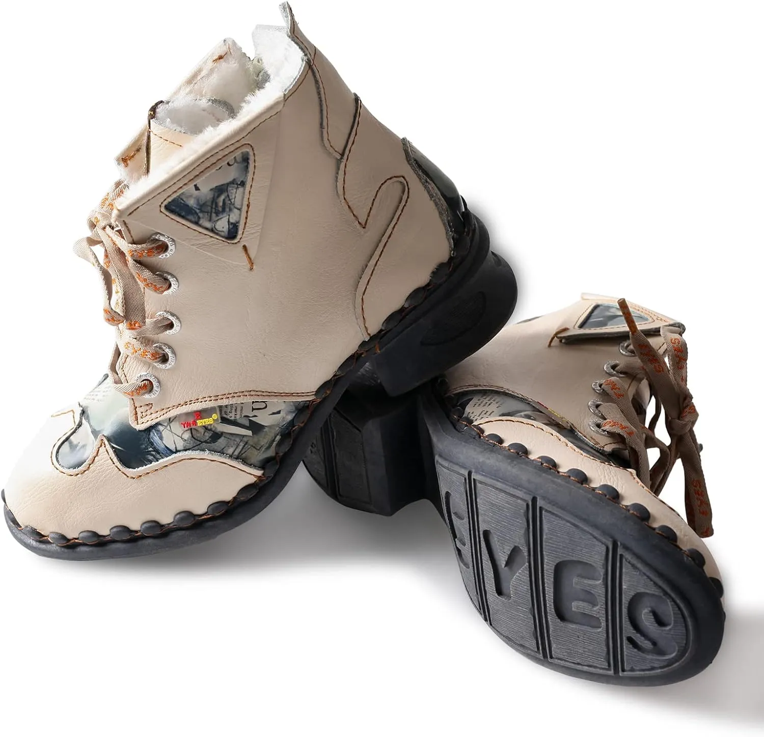 TMA EYES Newsprint Leather with Faux Fur Lining Women's Ankle Boots