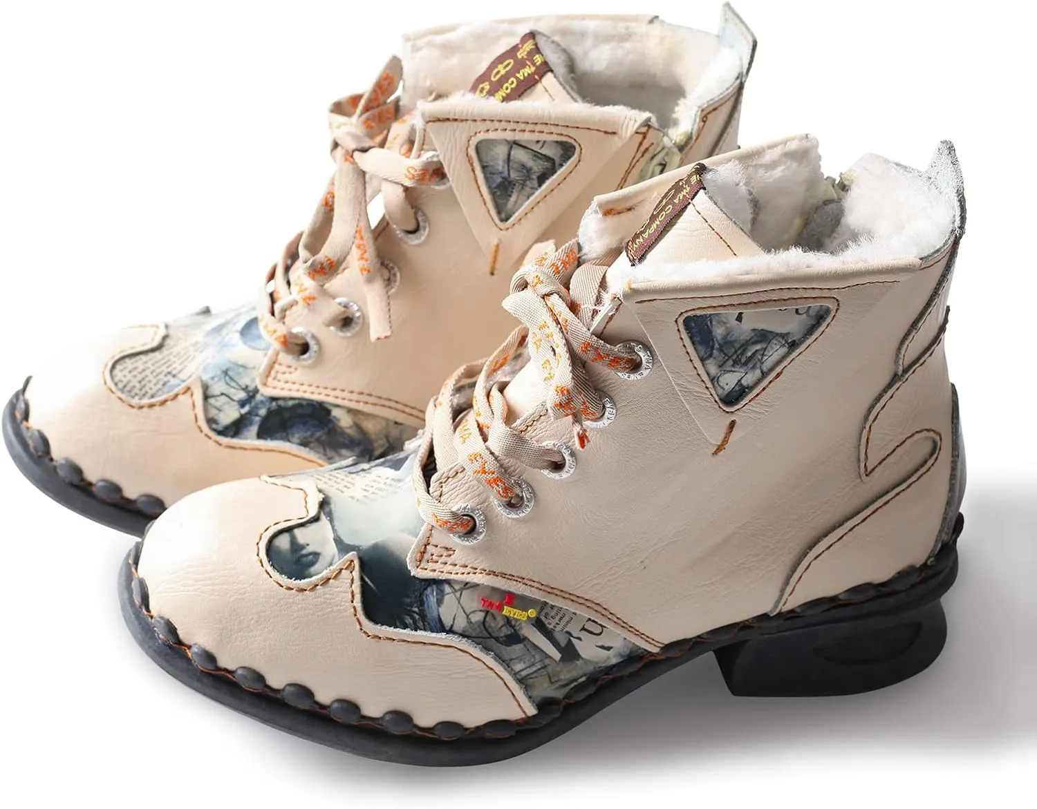 TMA EYES Newsprint Leather with Faux Fur Lining Women's Ankle Boots