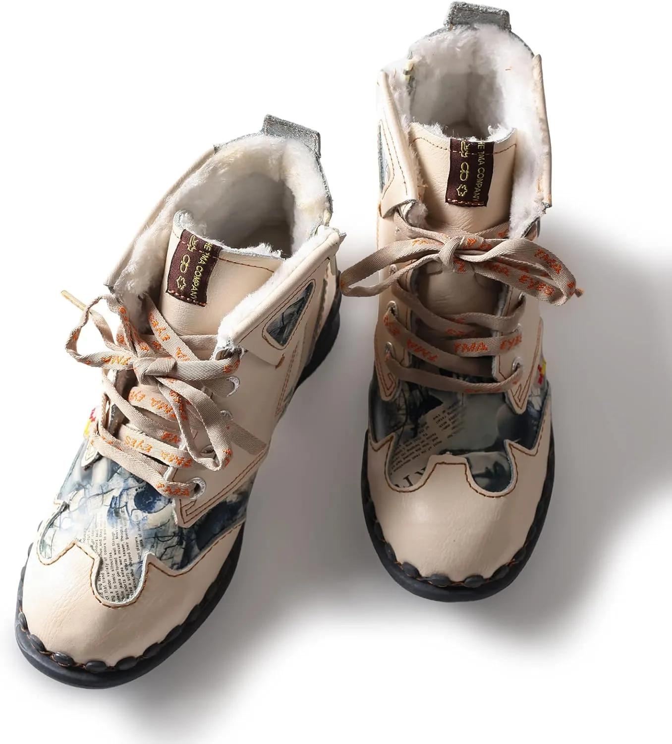 TMA EYES Newsprint Leather with Faux Fur Lining Women's Ankle Boots