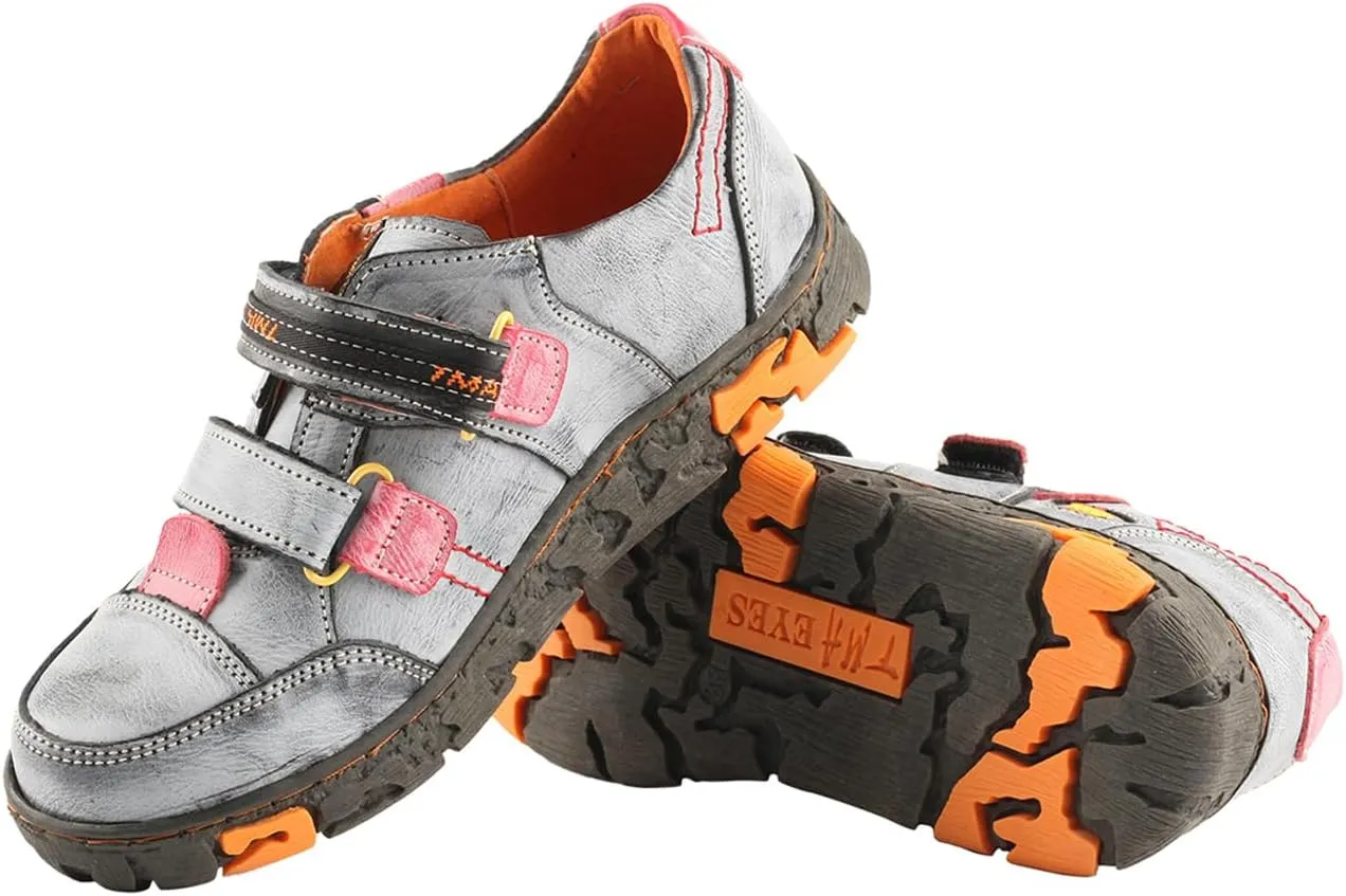 TMA EYES Women's Leather Soft Sole Non-Slip Lace-up Walking Shoes with Hook-and-Loop Fastener Design