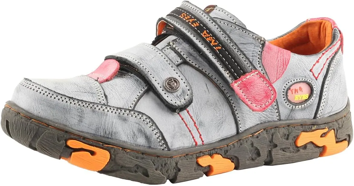 TMA EYES Women's Leather Soft Sole Non-Slip Lace-up Walking Shoes with Hook-and-Loop Fastener Design